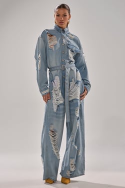 AKIRA Not Today Extreme Oversized Distressed Denim Jumpsuit | Light Blue | Size Large/XL