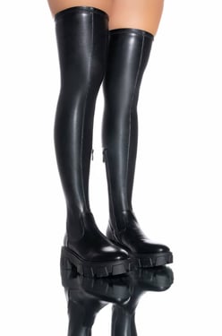 AKIRA Slim Fit Azalea Wang Late Nights Fitted Over The Knee Flatform Boot With 4 Way Stretch | Black | Size 9