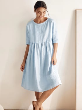 100% Linen A-Line Midi Dress VALENCIA - Baby Blue / XXXL