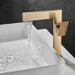 Brushed Gold Ultra-Thin Single Handle Waterfall Bathroom Vessel Sink Faucet Solid Brass