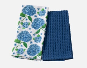 QE Home Cotton Tea Towels in Hydrangeas (Set of 2), Scenic, Blue