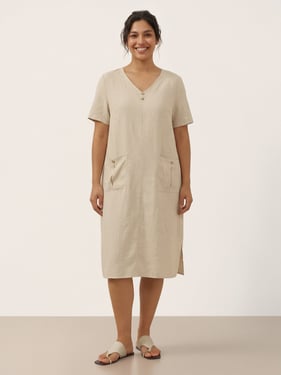 100% Linen Button Front V-Neck Midi Dress NOA - Khaki / XXL