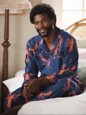 Mens Navy Lobster Cotton Traditional Long Pyjama Set - 3XL / Navy