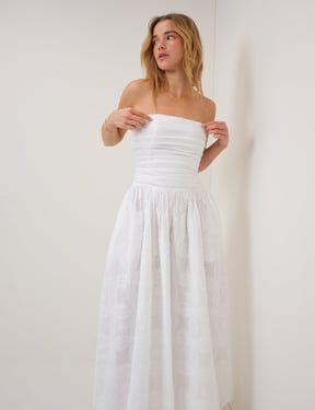 White Embroidered Bandeau Ariella Drop Waist Midi Dress