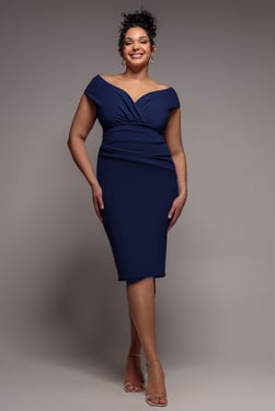 Goddiva Plus Scuba Bardot Pleated Midi Dress - Navy