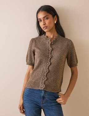 Taupe Wool-Blend Crochet Trim Cardigan
