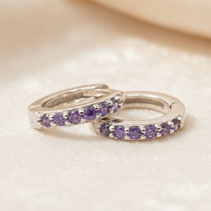 Amethyst February Birthstone Small Silver Huggie Hoops