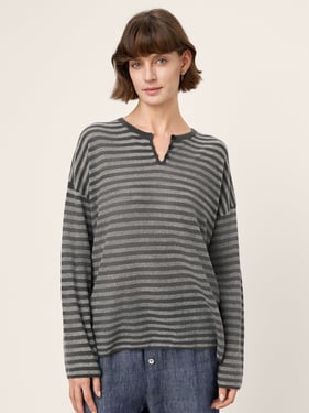 100% Mongolian Cashmere Drop Shoulder Stripe Knit Top RAINA - Charcoal Stripe / L