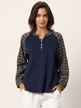 Cotton Contrast Collar Long Sleeve Top CARMEN - Navy Blue / XXL