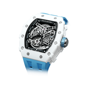 TSAR BOMBA Men's Luxury Ceramic Bezel Skeleton Mechanical Watch | Blue | Elementalal TB8208 | Sapphire Glass 50M Waterproof FKM Rubber Strap