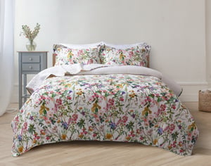 QE Home Summerfield Cotton Quilt Set, Floral, White, Queen