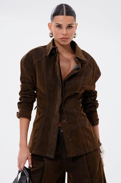AKIRA Fall Vibes Velvet Denim Button Down Top | Brown | Size 2X