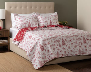 QE Home Yuletide Toile Recycled Polyester Coverlet Set, Seasonal, White, King