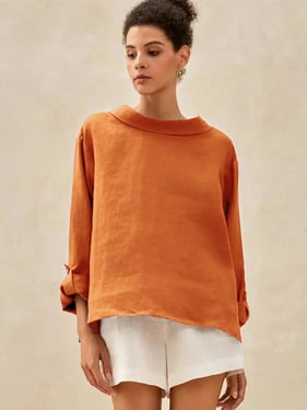 100% Linen Draped Neck Top HOLLIS - Sun Orange / XXL