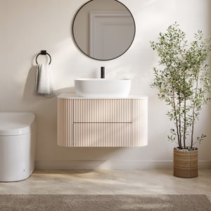 31.5" Whitewash Fluted Bathroom Vanity with Vessel Sink – Wall-Mounted Floating Design