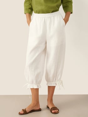 100% Linen Elastic Waist Ruffled Cuff Pants RUBY - Optic White / XXL
