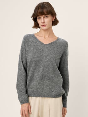 Mongolian Cashmere & Mulberry Silk Seamless Ribbed Trim V-Neck Sweater TESSA - Charcoal Grey / L