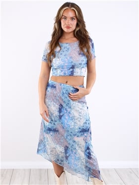 Daisy Street Floral Print Midi Co-Ord Skirt - Blue - 8