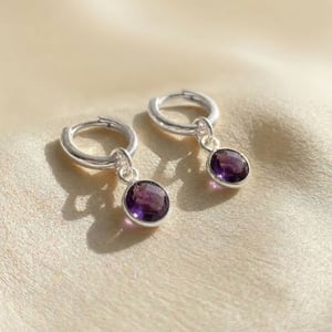 Mini Amethyst February Birthstone Silver Huggies