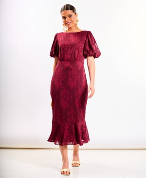Burgundy Shimmer Puff Sleeve Midi Dress - 20