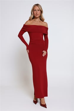 Mind Made Up Off Shoulder Long Sleeve Maxi Dress Wine