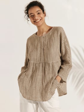 Linen Checked Long-Sleeved Top CAROLINE - Chocolate / XXL