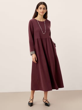Organic Cotton Patchwork Cuff Crew Neck Casual Maxi Dress SCARLETT - Burgundy Red / XXL
