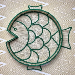 Fish Round Handwoven Decorative Iraca Tray - Olive Green