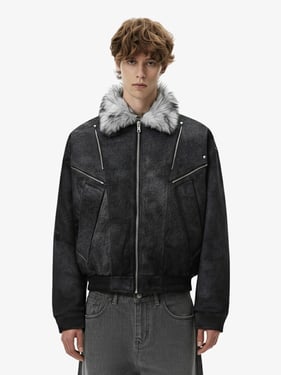 Fur Collar Moto-Style Zip Up Bomber Jacket - Black / XL
