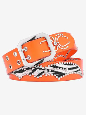 Retro Studded Zebra Pattern Wide Leather Belt - Orange / 125cm