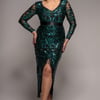 Goddiva Plus Tassel & Sequin Midaxi With Front Split - Emerald Green