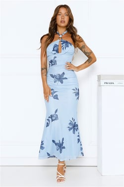Petal Dusk Mesh Halter Maxi Dress Blue