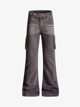 Retro Faded Multi-Pocket Flared Cargo Jeans - Gray / 2XL