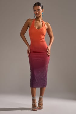 AKIRA Dusk Till Dawn Rhinestone Midi Dress In Orange | Size 1X
