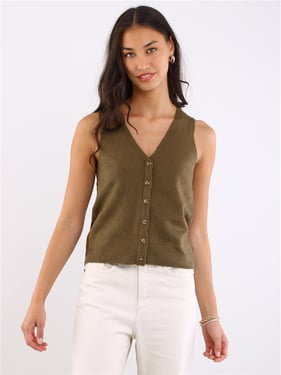 Brave Soul Button Down Sleeveless Knitted Waistcoat - Khaki - XS