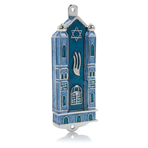 Blue Holy Ark style Mezuzah