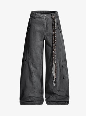 Washed Cargo Webbing Barrel Pants - Gray / 2XL