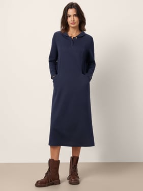 Cotton Collared Midi Dress ELYSE - Navy Blue / XXL
