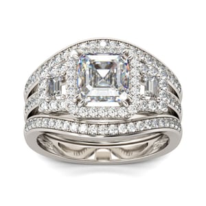 Jeulia Halo Three Stone Asscher Cut Sterling Silver Ring Set