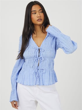 Brave Soul Bell Sleeve Frill Tie Up Blouse - Blue - XS