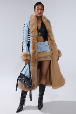 AKIRA Erykah Fur Trim Denim Trench Coat | Black | Size Medium