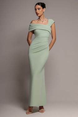 Goddiva One Shoulder Asymmetric Scuba Crepe Maxi Dress - Sage Green