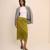 Green Lace Trim Satin Midi Slip Skirt