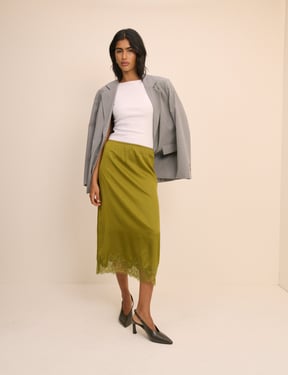 Green Lace Trim Satin Midi Slip Skirt