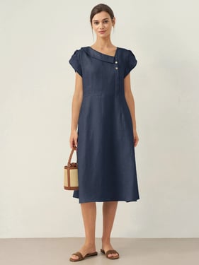 100% Linen Crescent Collar Flutter Sleeve Midi Dress FIONA - Navy Blue / M