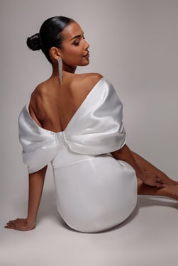 Goddiva Off Shoulder Back Satin Bow Scuba Mini Dress - White