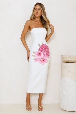 Floral Sparkle Strapless Midi Dress White