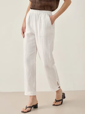 100% Linen Straight-Leg Pants with Elastic Waist PATRICE - Optic White / XXL