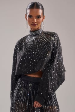 AKIRA Glamorous Rhinestone Mock Neck Blouse | Black | Size 1X/2X