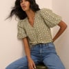 Green Gingham Embroidered Puff Sleeve Top